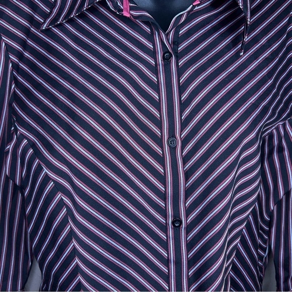 LARGE VINTAGE TANGENTS PINK BLACK STRIPED STRETCH BLOUSE BUTTON FRONT - Picture 4 of 10